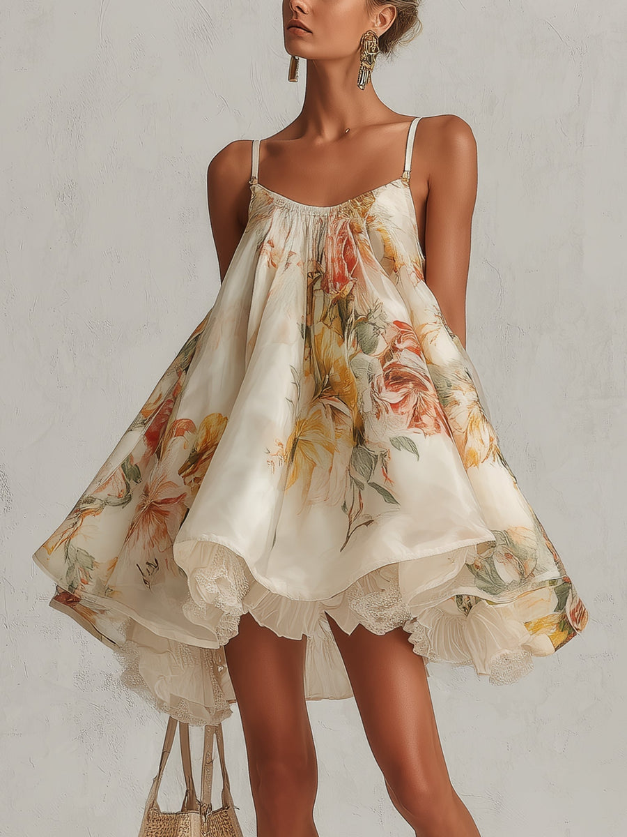 Blanche | Beige Floral Organza Mini Bell Dress with Lace Trim
