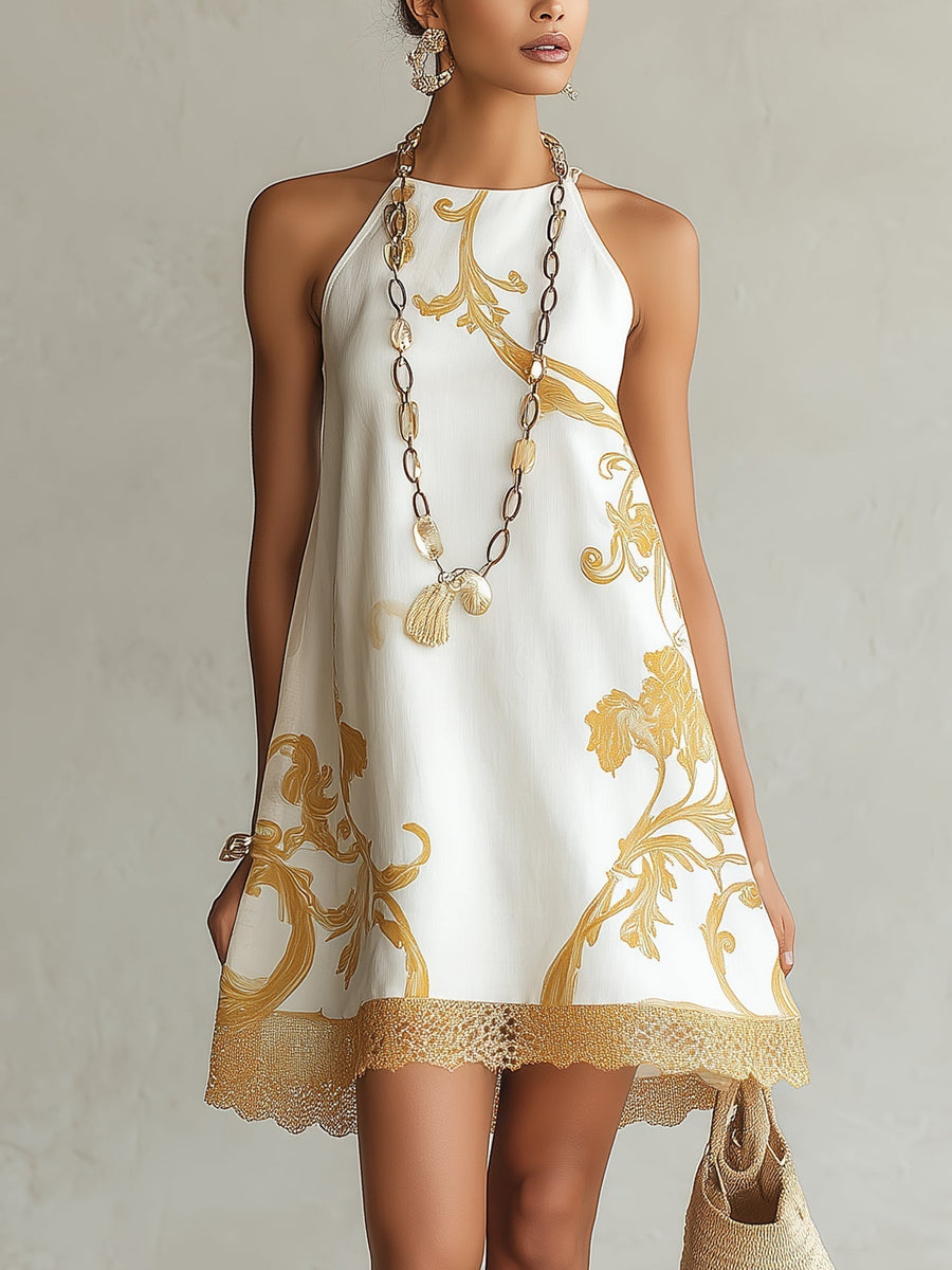 Héloïse | White Lace Mini Dress with Gold Accents