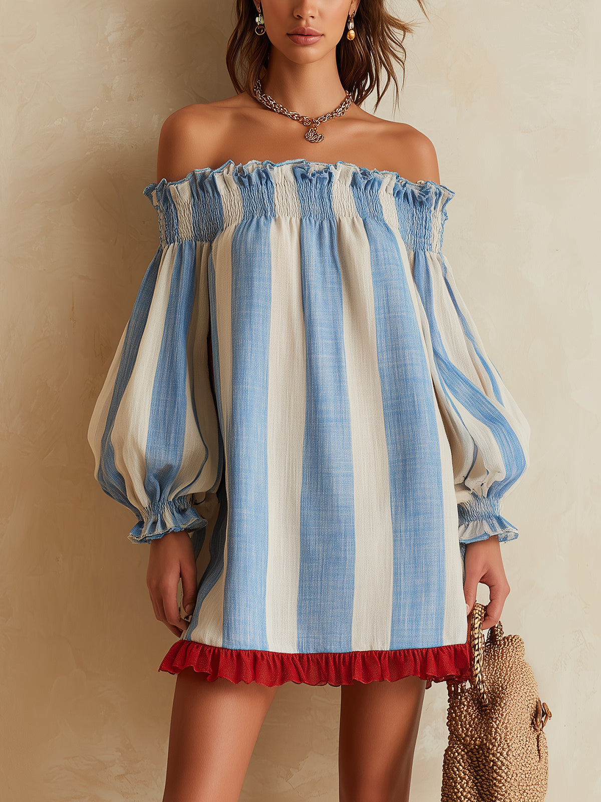 Ondine | Off-the-Shoulder Mini Dress in Blue and White Stripes with Contrast Hem