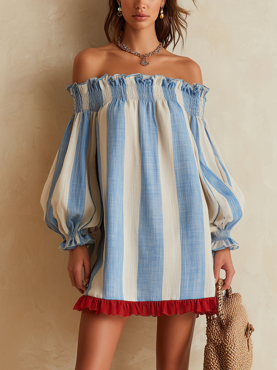 Ondine | Off-the-Shoulder Mini Dress in Blue and White Stripes with Contrast Hem