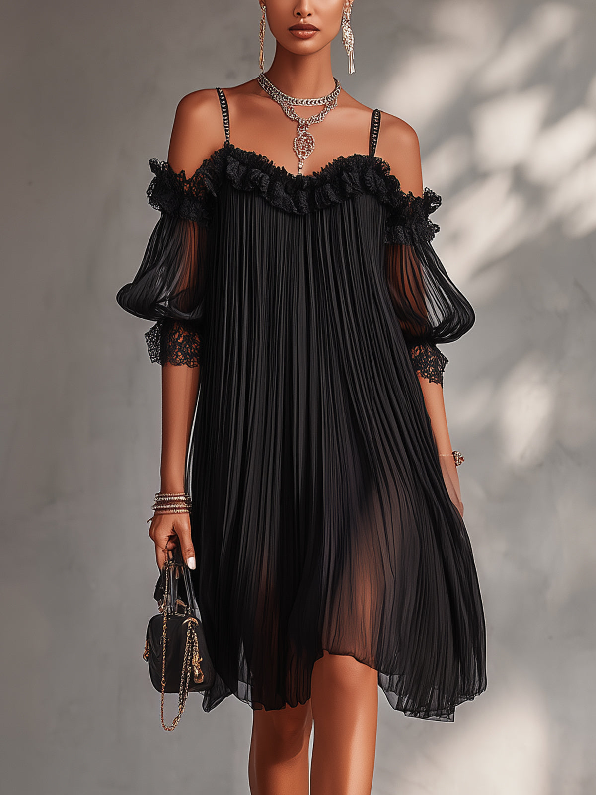 Camille | Black Chiffon Mini Dress with Off-the-Shoulder Style and Lace Accents