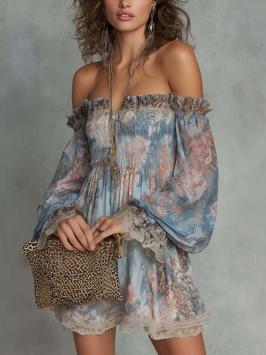 Romane | Off-Shoulder Mini Dress in Ruffled Chiffon with Romantic Floral Accents