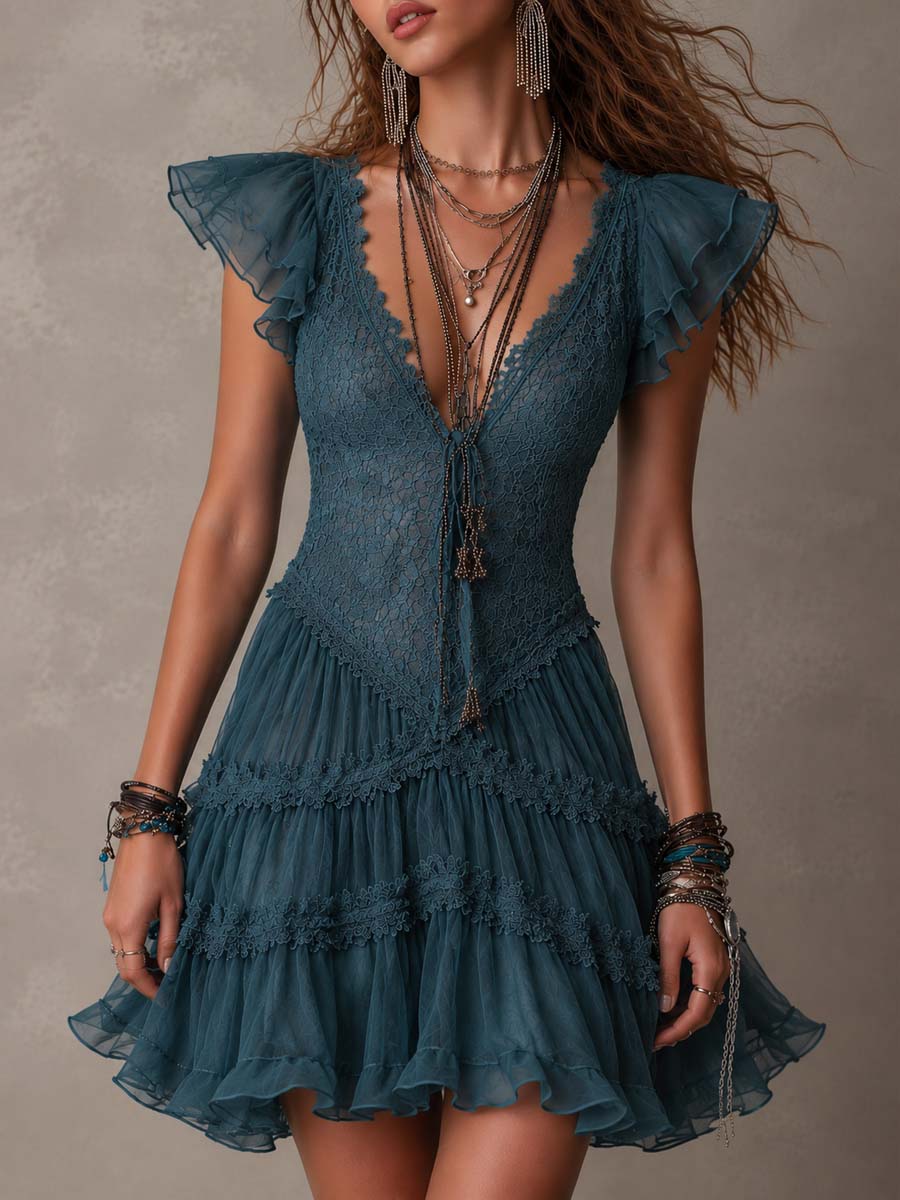 Delphine | Retro Blue Mini Dress Featuring Lace and Chiffon Ruffles