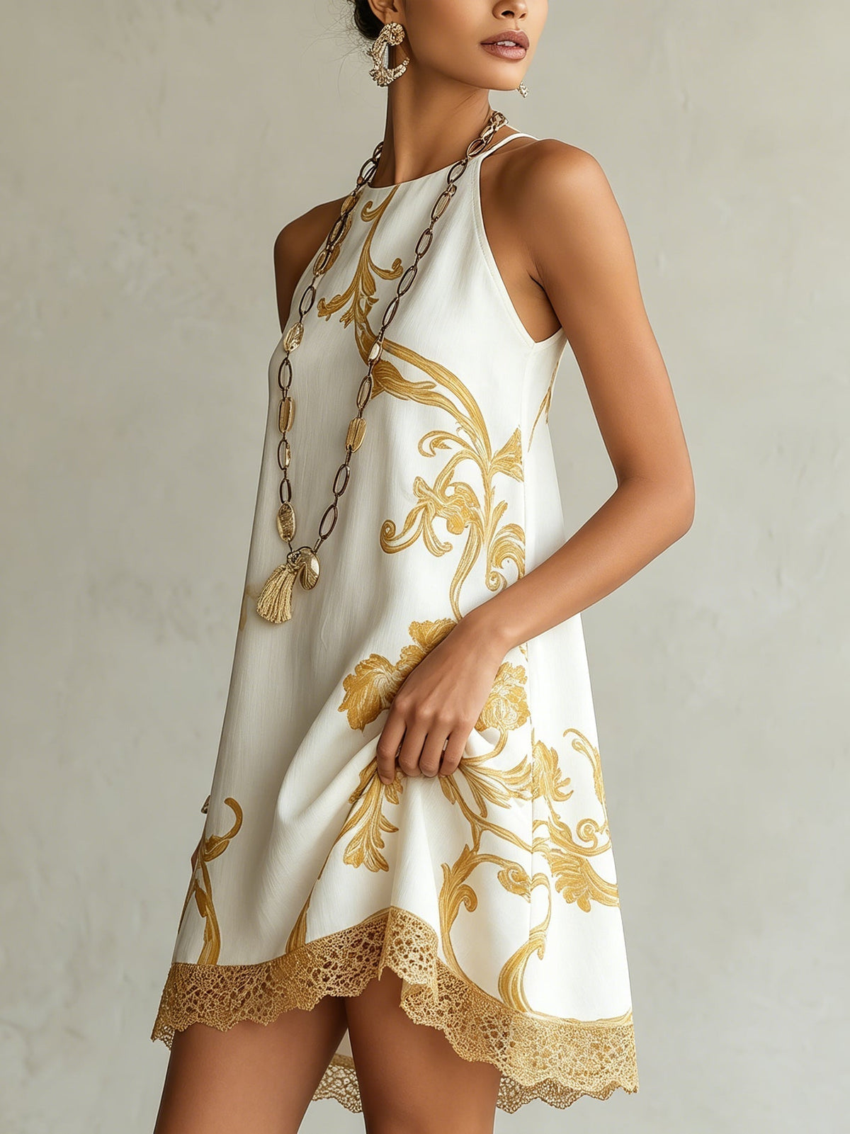 Héloïse | White Lace Mini Dress with Gold Accents