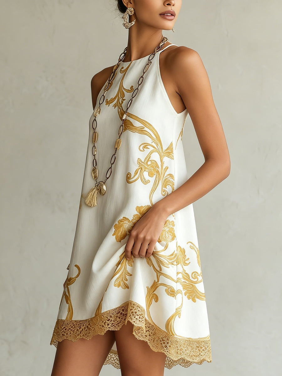 Héloïse | White Lace Mini Dress with Gold Accents