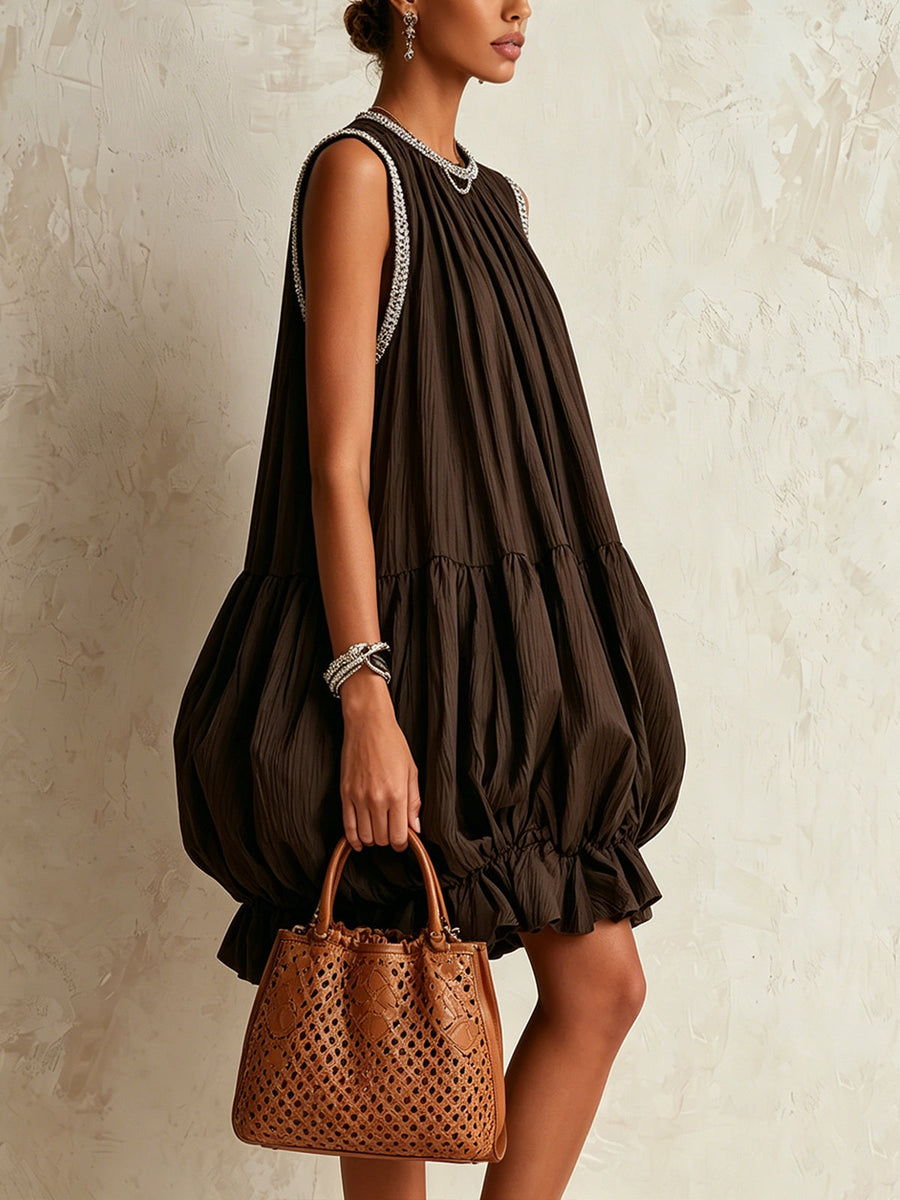 Colette | Brown Sleeveless Mini Dress Featuring a Flowy Hem