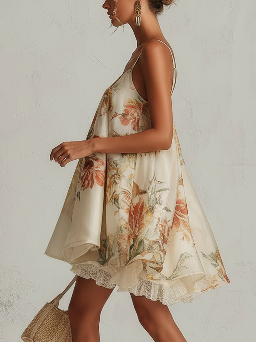 Blanche | Beige Floral Organza Mini Bell Dress with Lace Trim