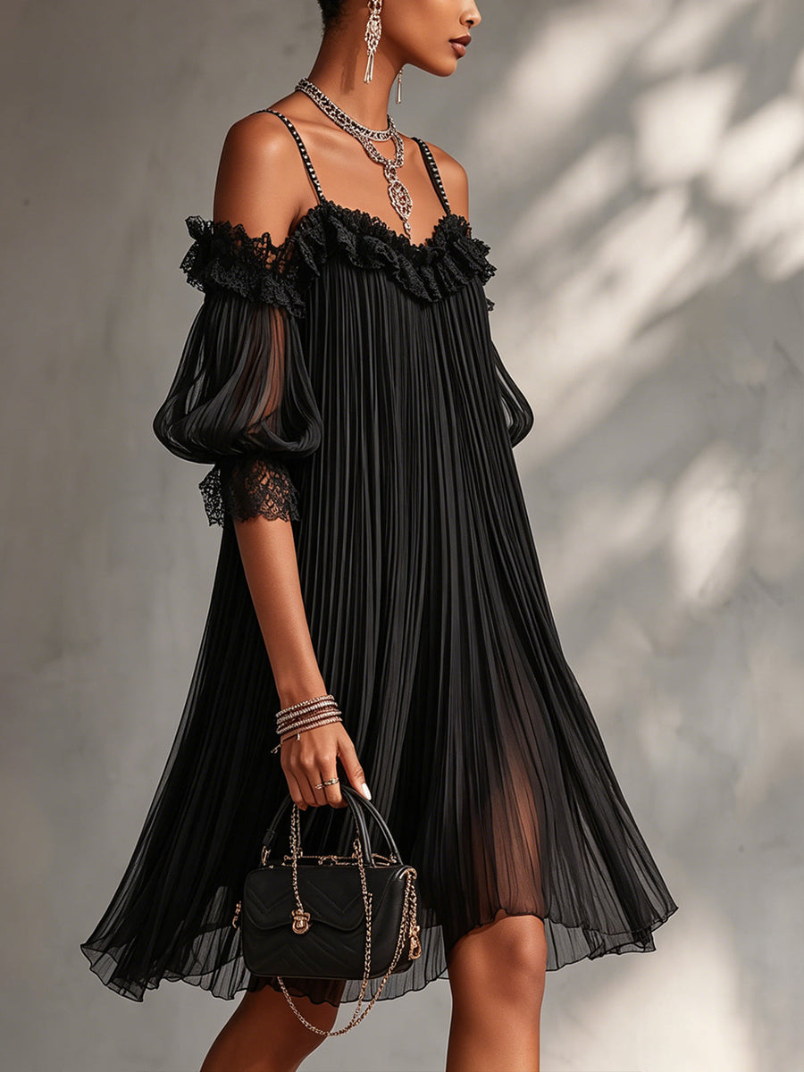 Camille | Black Chiffon Mini Dress with Off-the-Shoulder Style and Lace Accents
