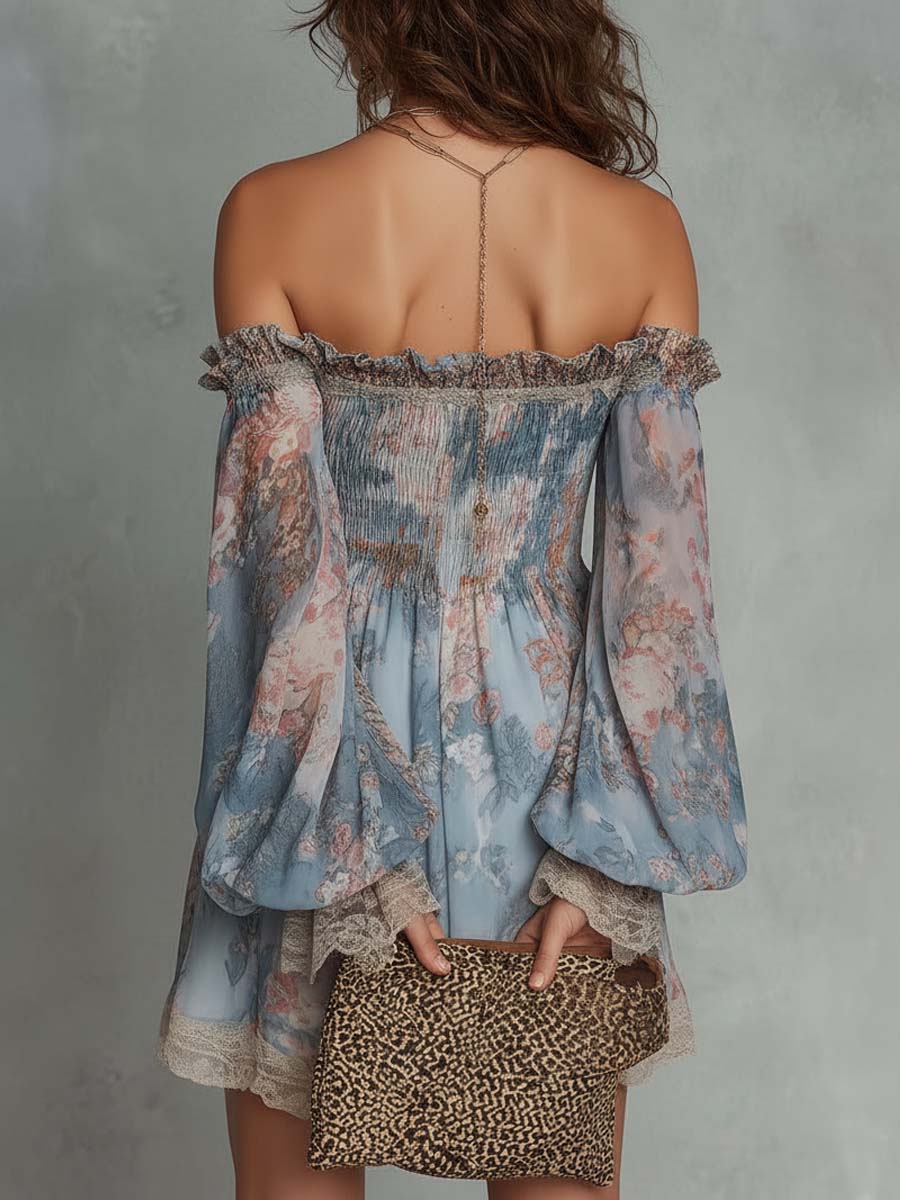 Romane | Off-Shoulder Mini Dress in Ruffled Chiffon with Romantic Floral Accents