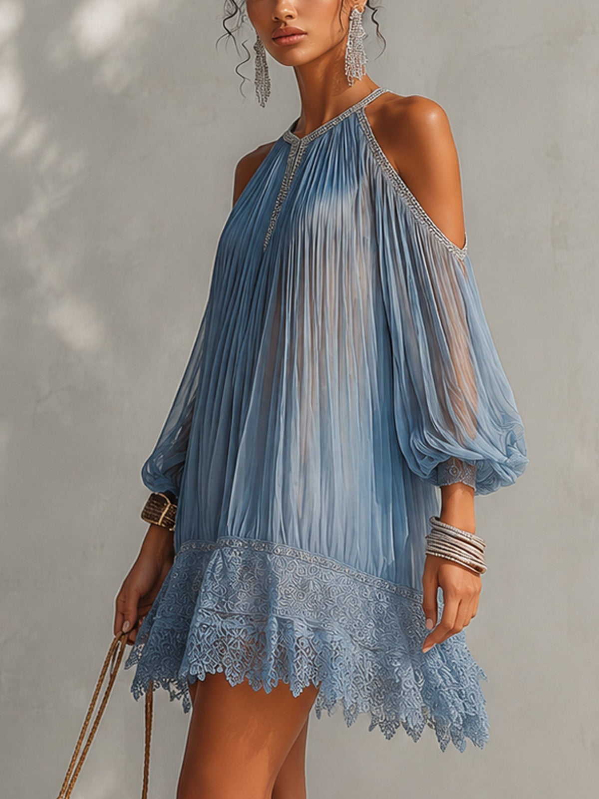 Séraphine | Off-the-Shoulder Blue Mini Dress with Ruffled Details and Lace Hem