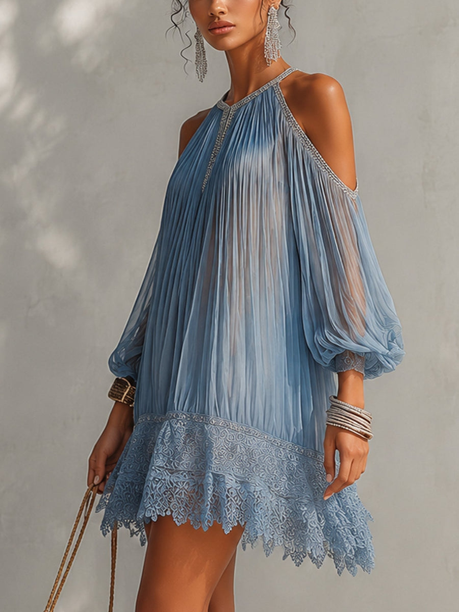 Séraphine | Off-the-Shoulder Blue Mini Dress with Ruffled Details and Lace Hem