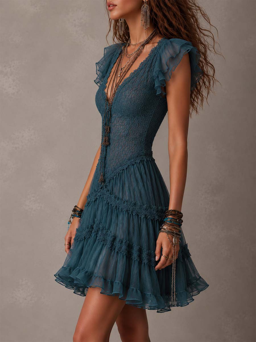 Delphine | Retro Blue Mini Dress Featuring Lace and Chiffon Ruffles