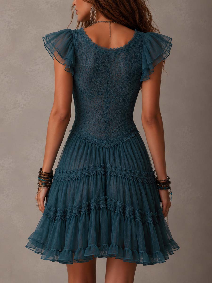Delphine | Retro Blue Mini Dress Featuring Lace and Chiffon Ruffles