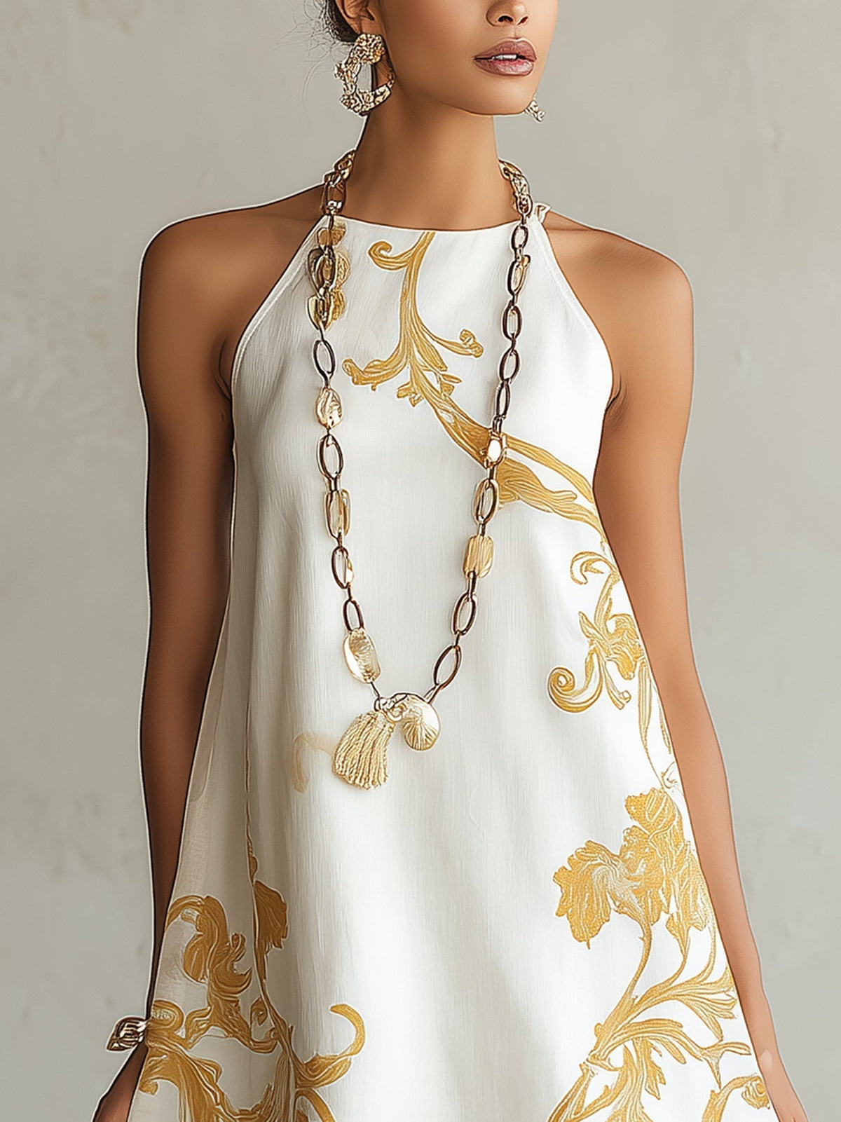 Héloïse | White Lace Mini Dress with Gold Accents