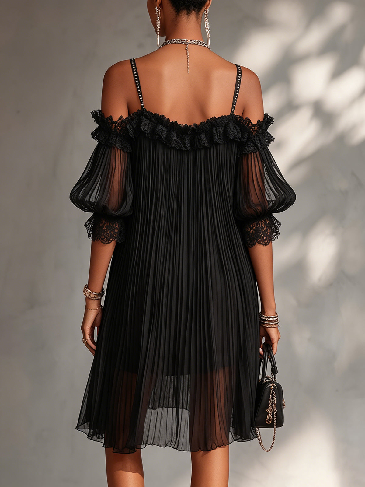 Camille | Black Chiffon Mini Dress with Off-the-Shoulder Style and Lace Accents