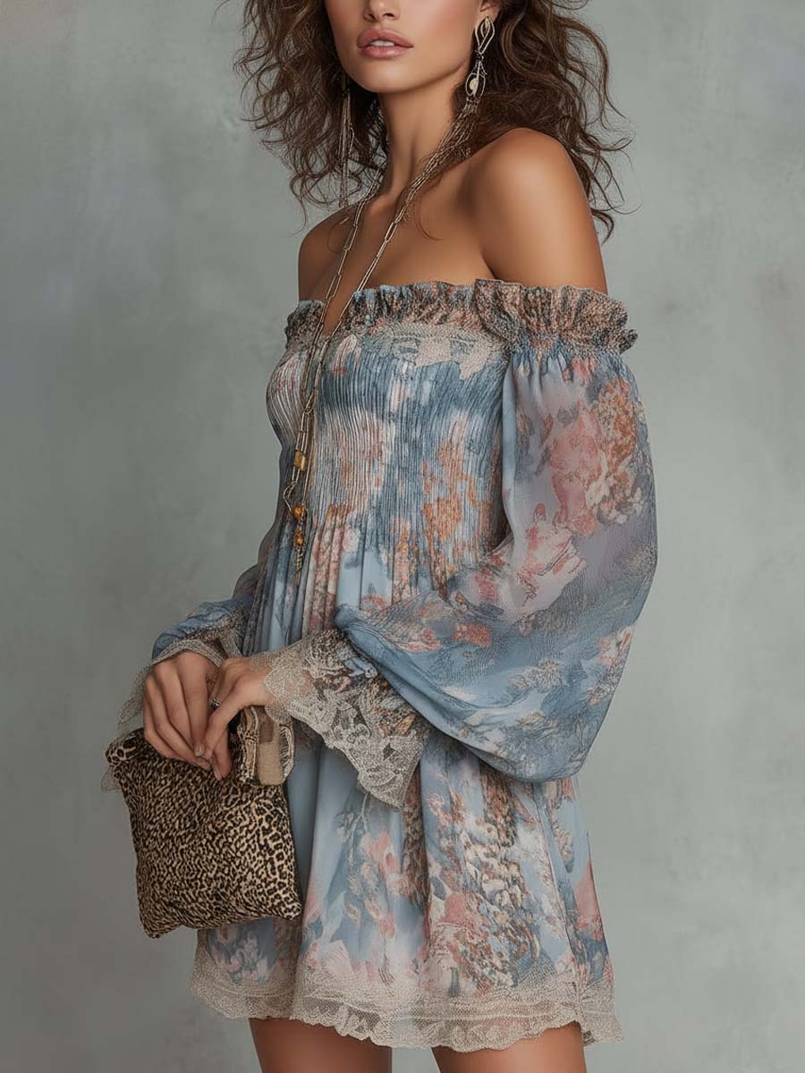 Romane | Off-Shoulder Mini Dress in Ruffled Chiffon with Romantic Floral Accents