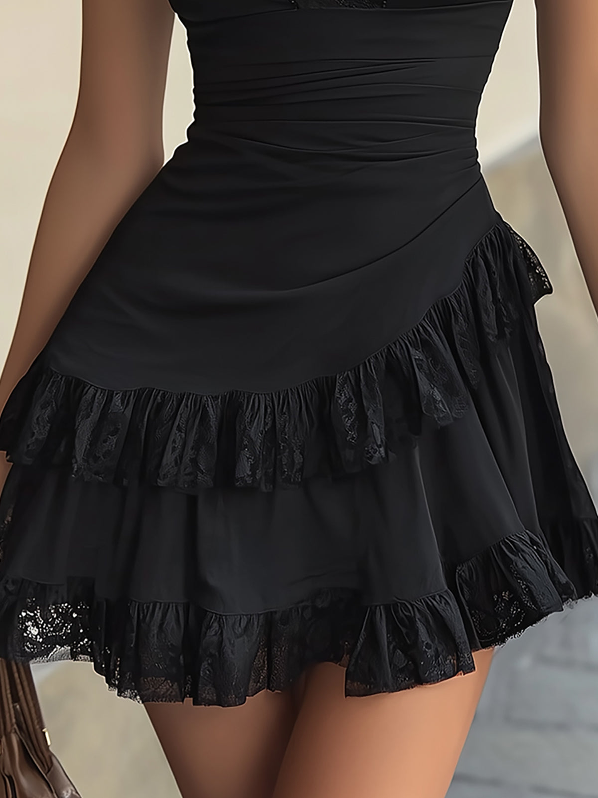 Estelle | V-Neck Mini Dress with Black Lace Ruffles