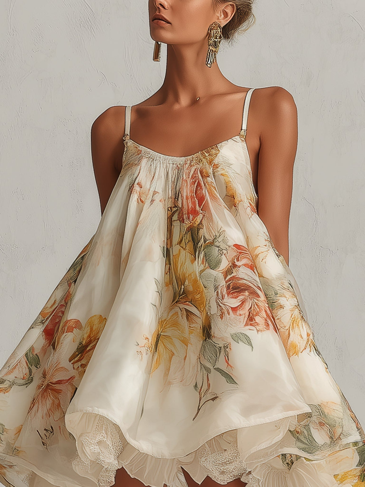 Blanche | Beige Floral Organza Mini Bell Dress with Lace Trim
