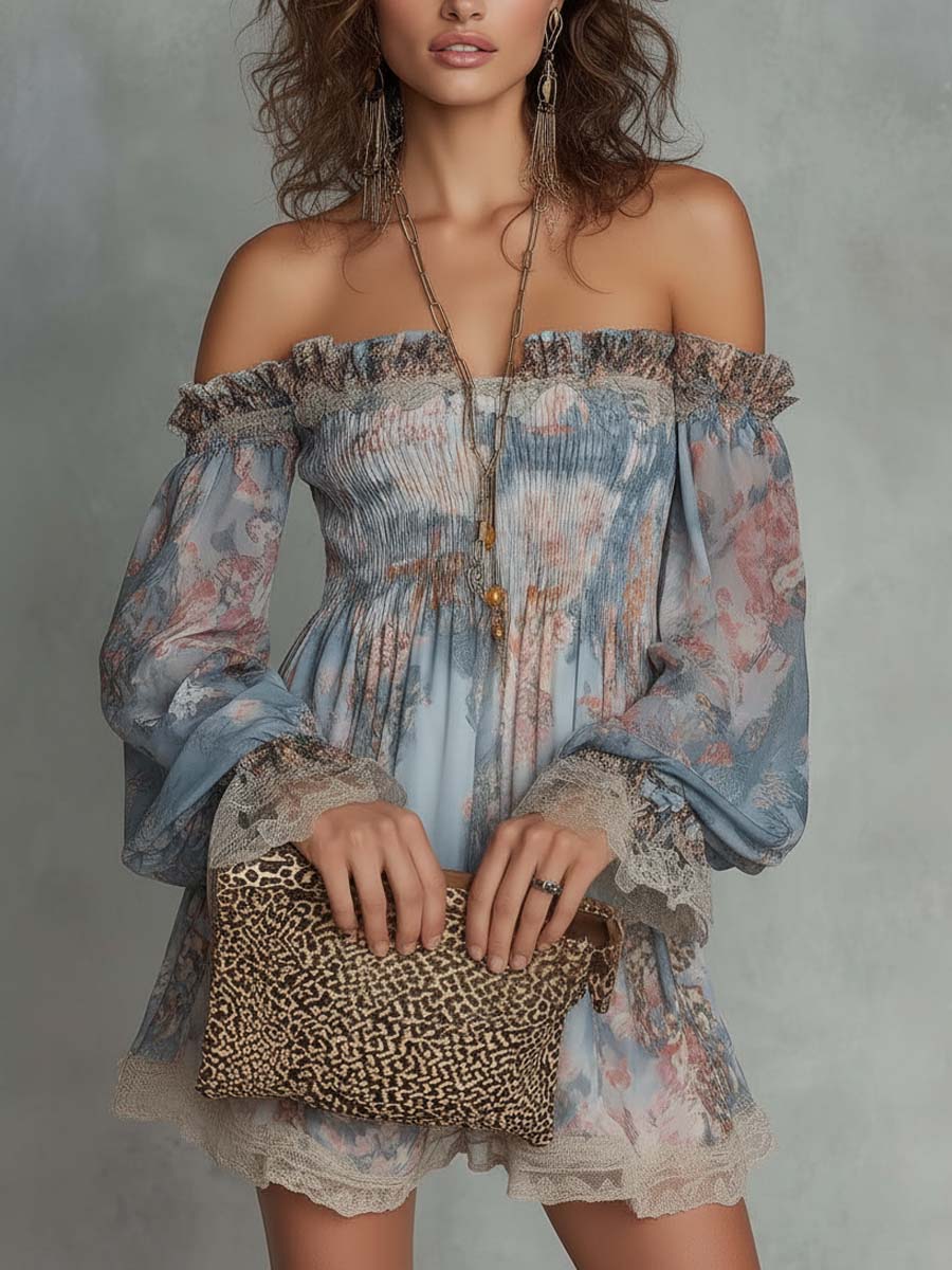 Romane | Off-Shoulder Mini Dress in Ruffled Chiffon with Romantic Floral Accents