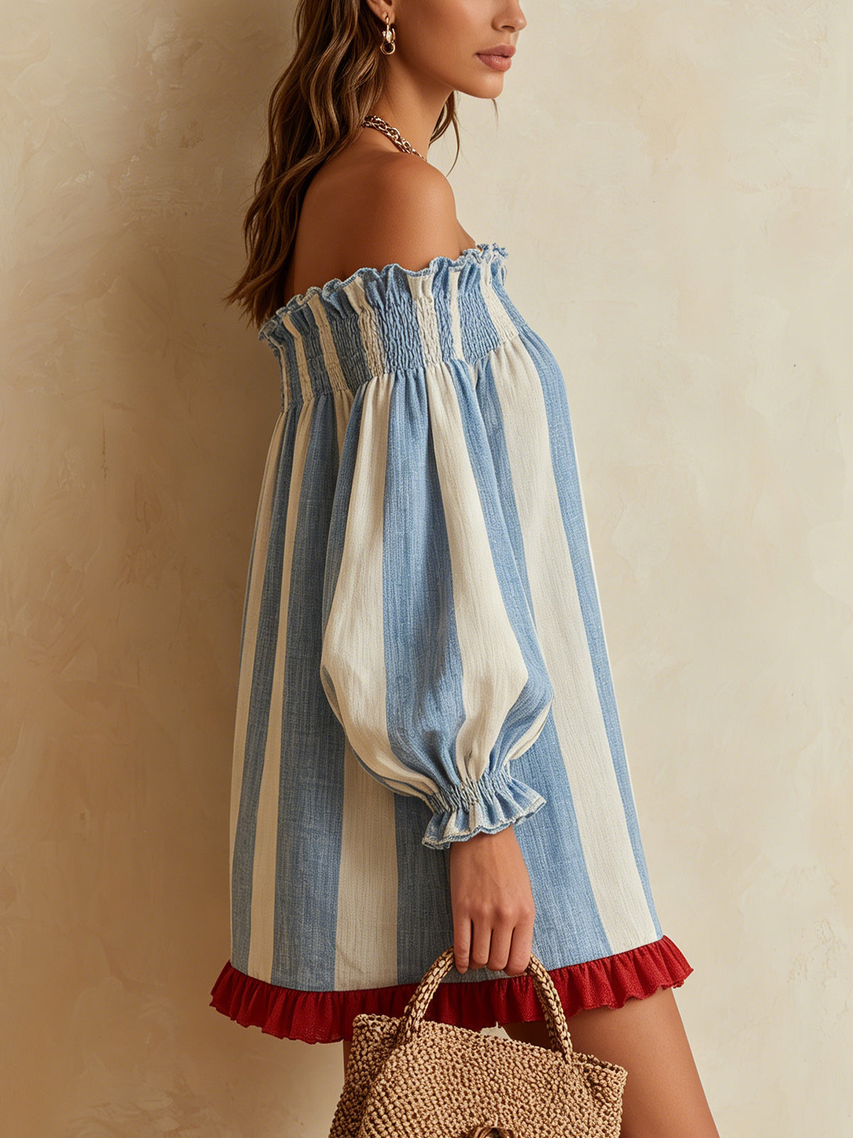 Ondine | Off-the-Shoulder Mini Dress in Blue and White Stripes with Contrast Hem