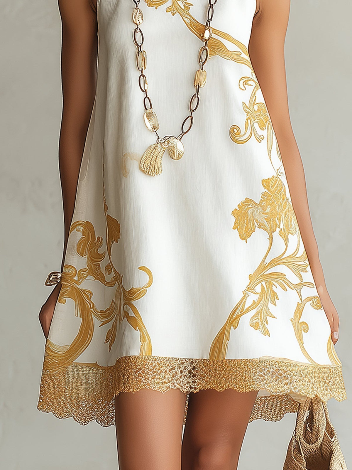 Héloïse | White Lace Mini Dress with Gold Accents
