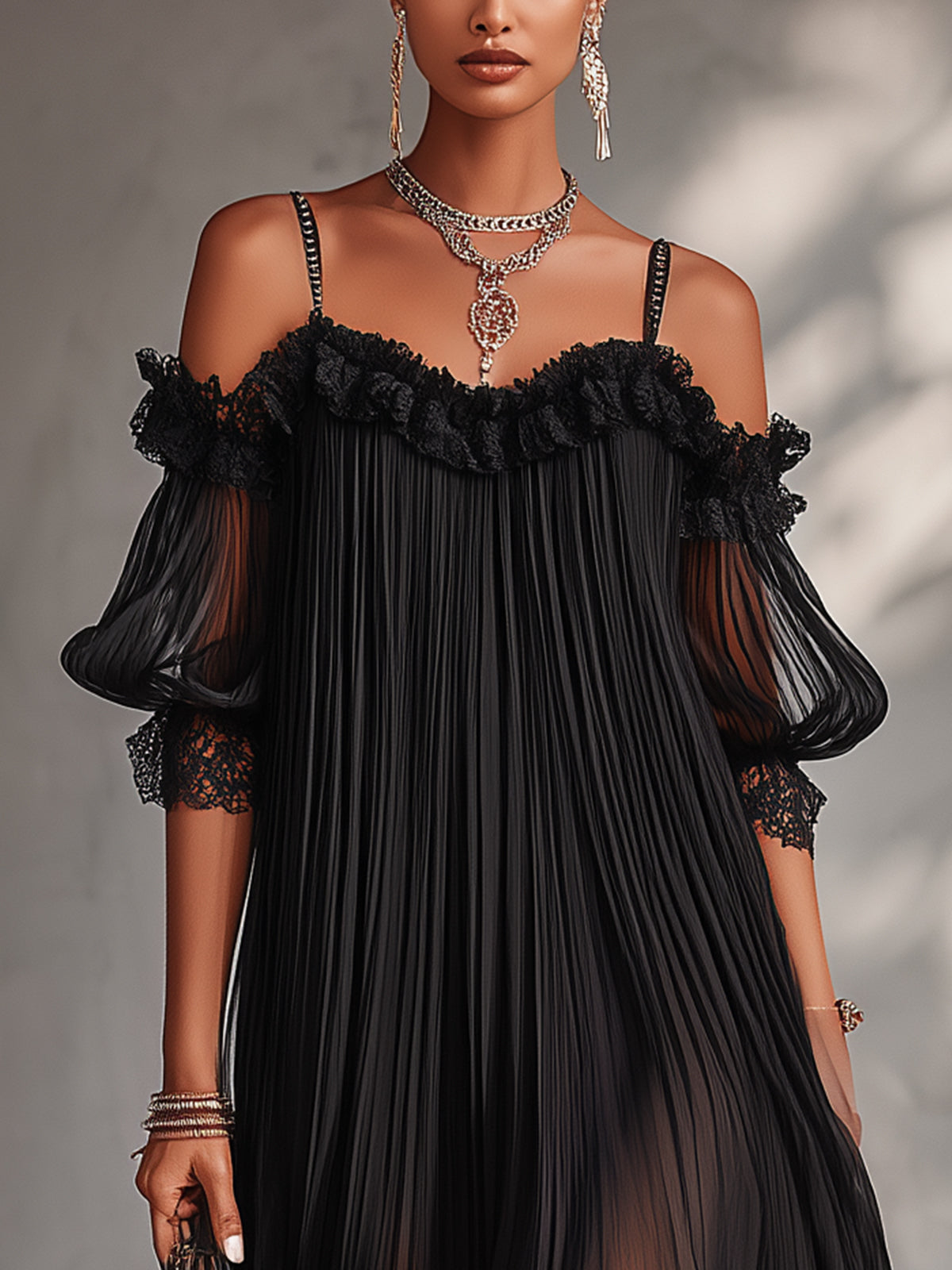 Camille | Black Chiffon Mini Dress with Off-the-Shoulder Style and Lace Accents