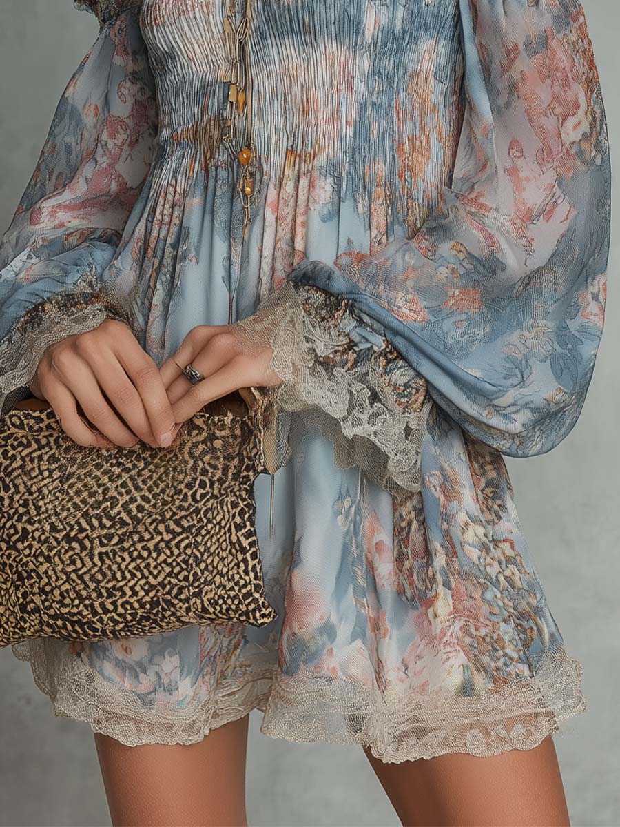 Romane | Off-Shoulder Mini Dress in Ruffled Chiffon with Romantic Floral Accents