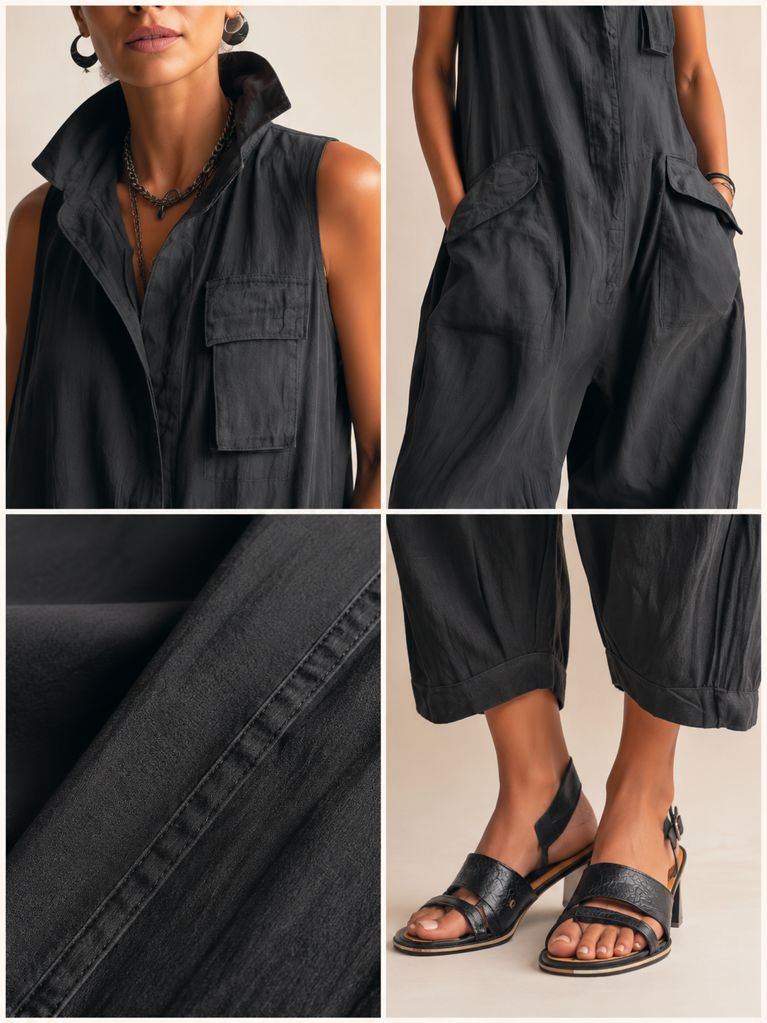 Black Sleeveless Utility Jumpsuit with Wide Legs