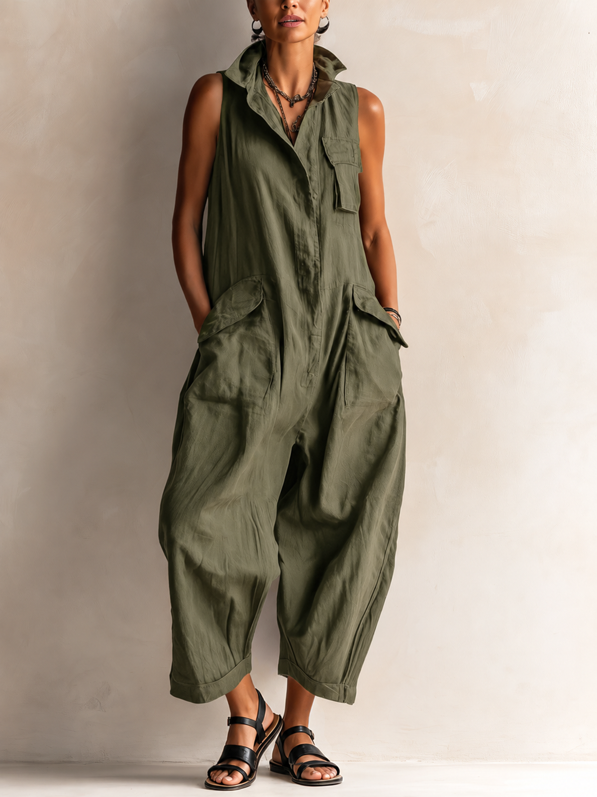 Black Sleeveless Utility Jumpsuit with Wide Legs