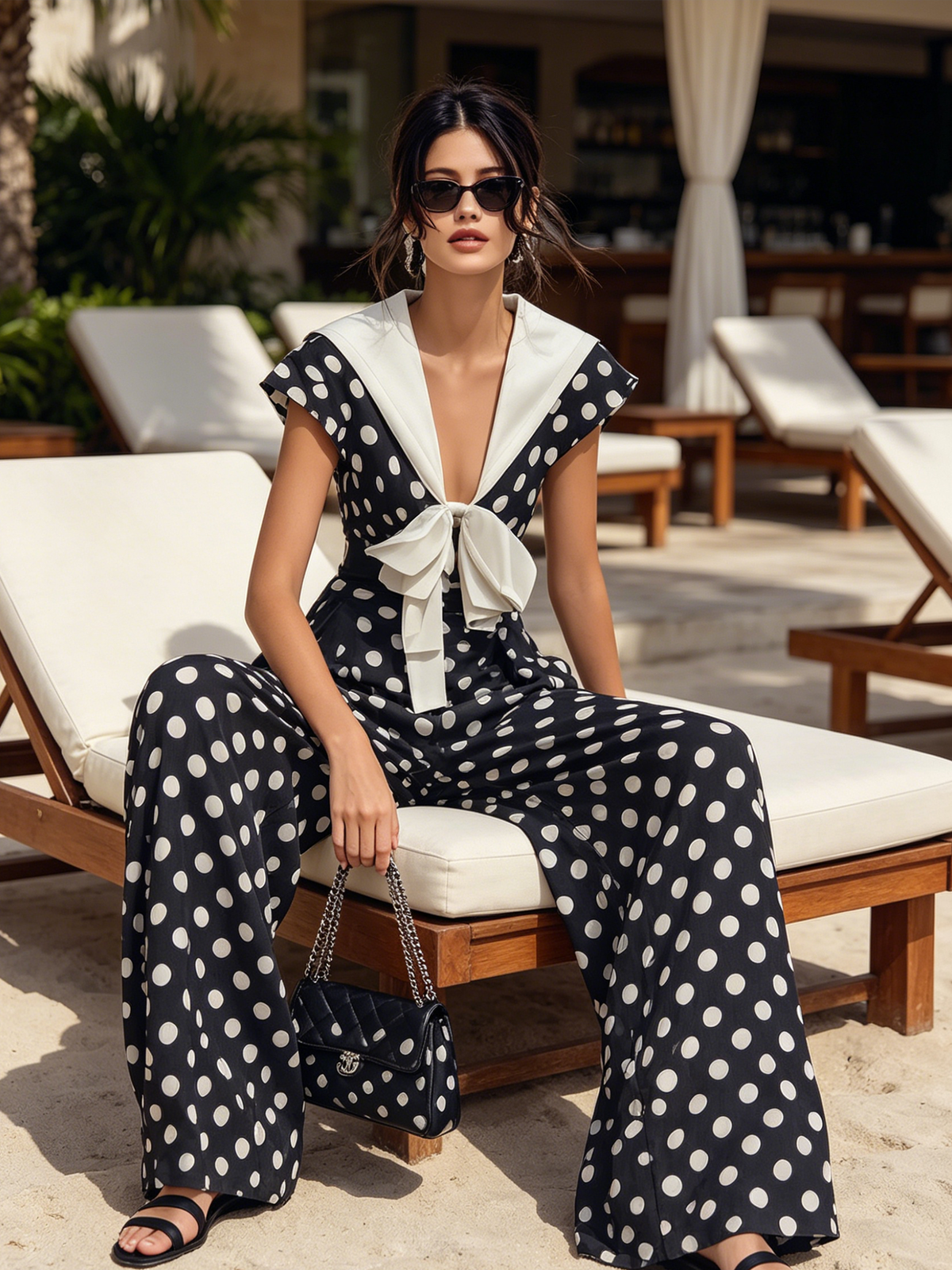 Navy Polka Dot Wide-Leg Jumpsuit Featuring Sailor Collar and Bow Accent