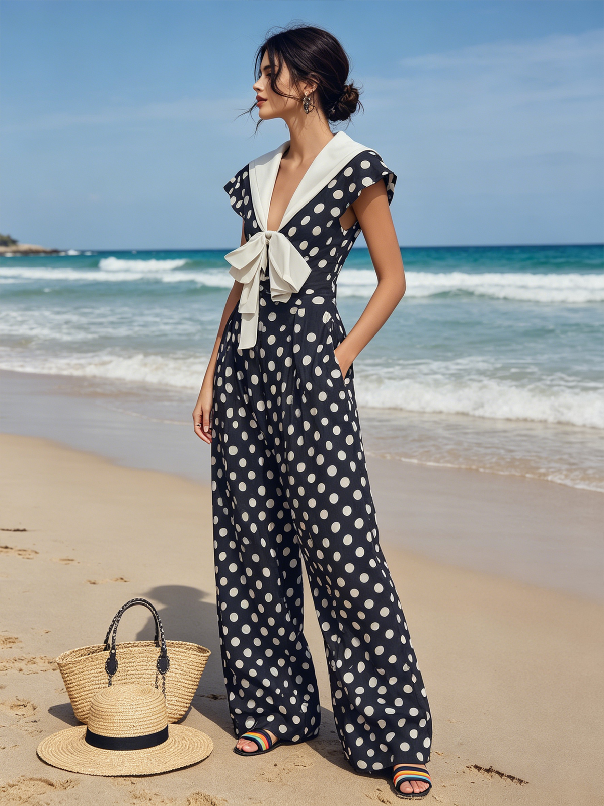 Navy Polka Dot Wide-Leg Jumpsuit Featuring Sailor Collar and Bow Accent