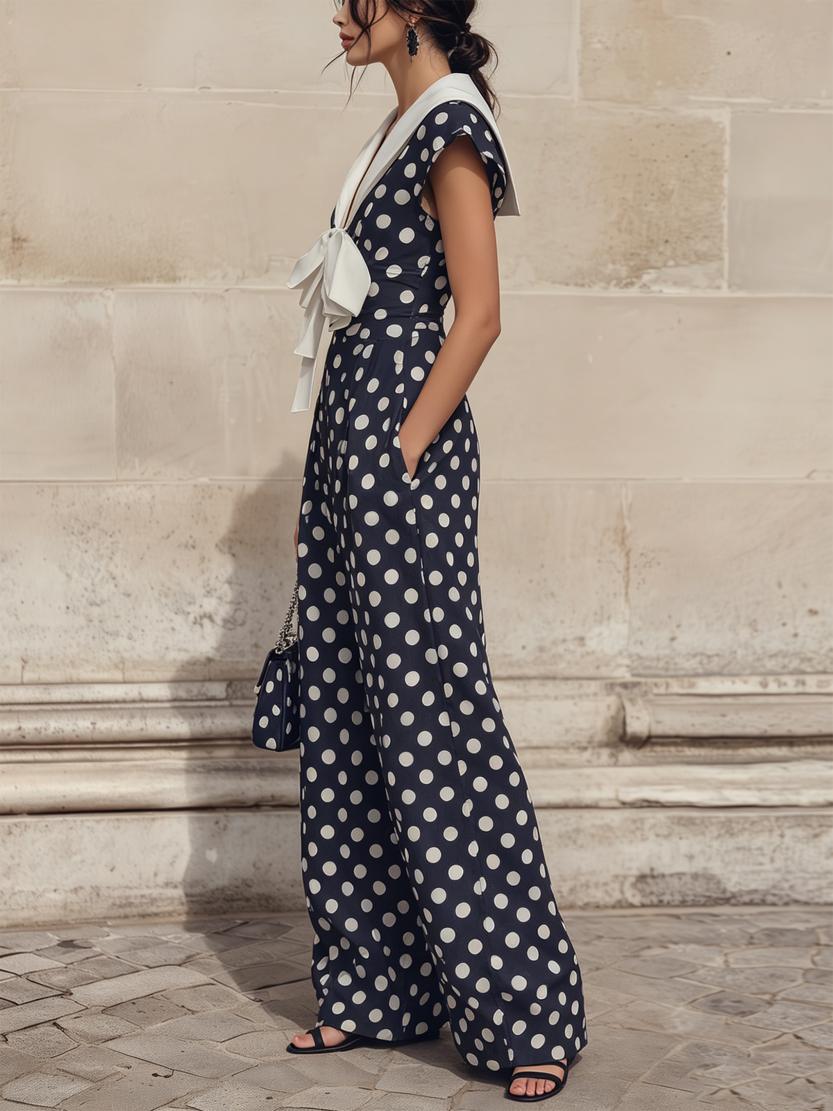 Navy Polka Dot Wide-Leg Jumpsuit Featuring Sailor Collar and Bow Accent