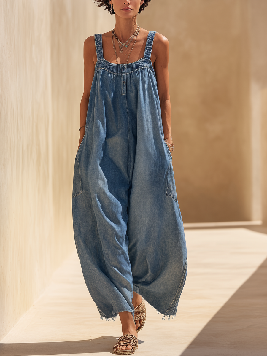 Relaxed Fit Lightweight Denim Jumpsuit - Sleeveless Wide-Leg Romper with Frayed Hem Detail