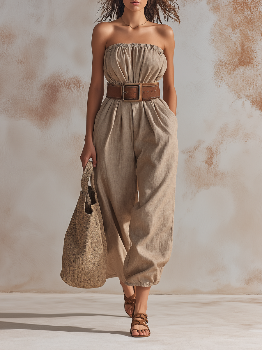 Belted Wide-Leg Jumpsuit in Strapless Linen