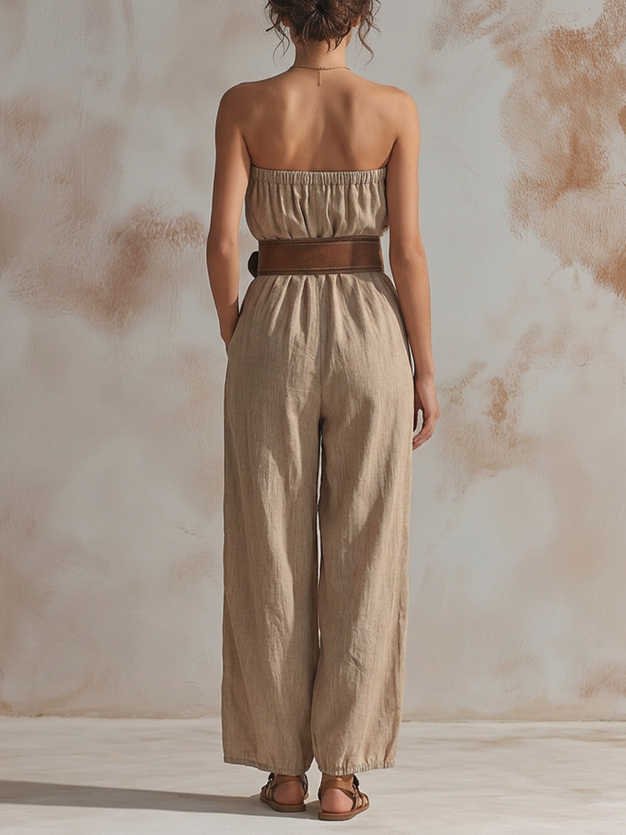 Belted Wide-Leg Jumpsuit in Strapless Linen