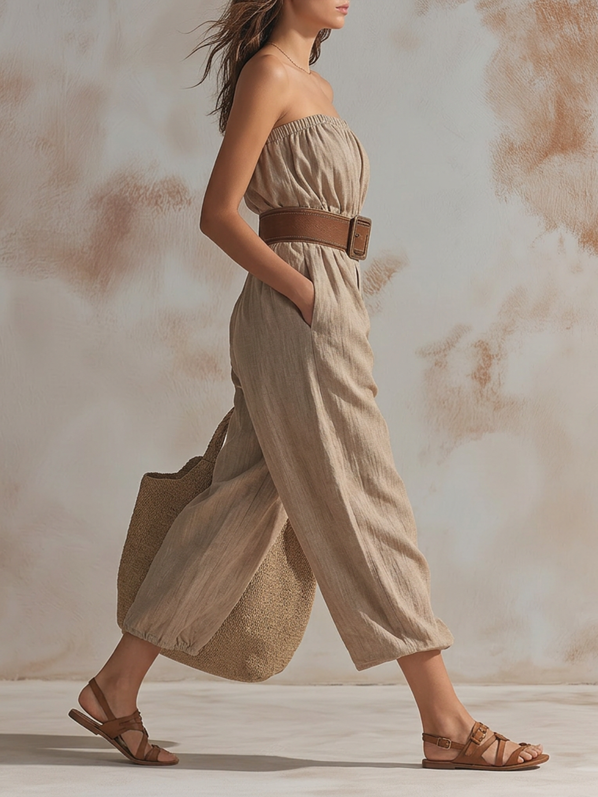 Belted Wide-Leg Jumpsuit in Strapless Linen