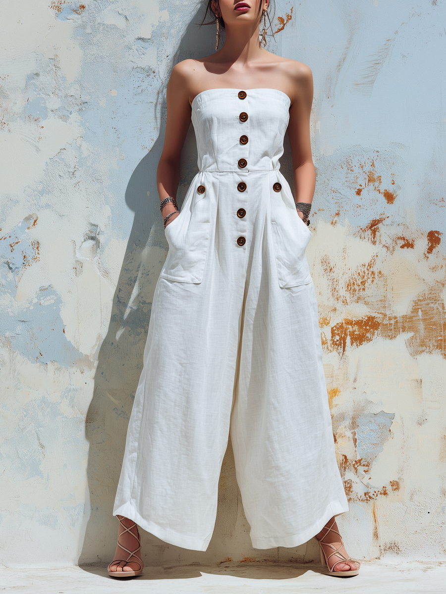 Button-Detail Strapless Wide-Leg Linen Jumpsuit with Pockets