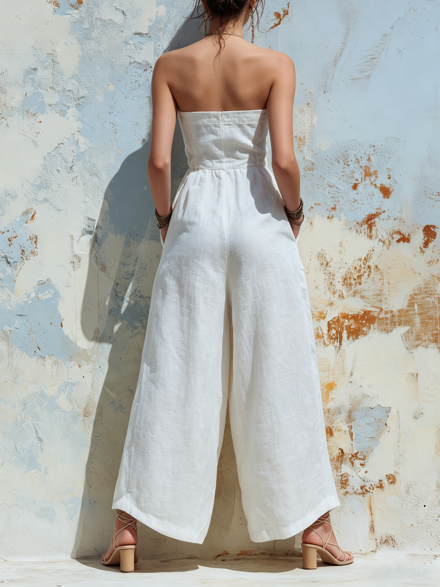 Button-Detail Strapless Wide-Leg Linen Jumpsuit with Pockets
