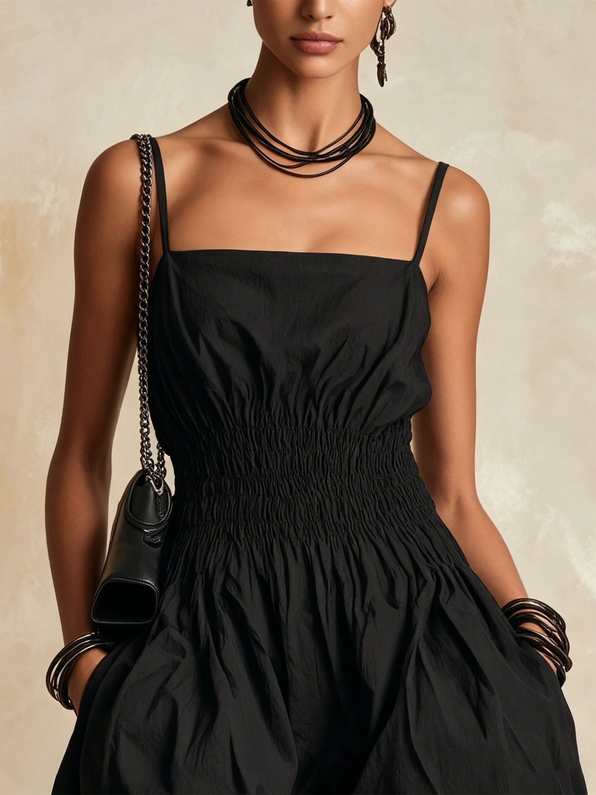 Black Balloon Jumpsuit with Smocked Waist | Relaxed Wide-Leg Parachute Style