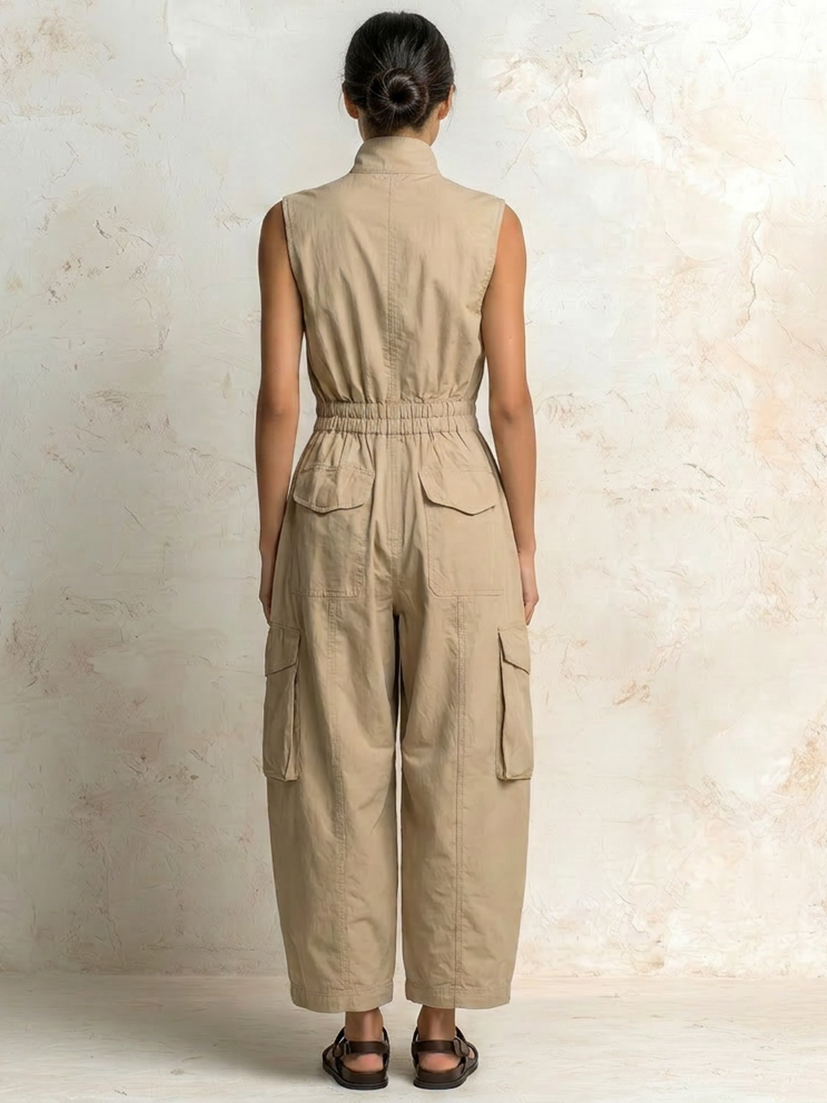 Beige Cotton Twill Sleeveless Utility Jumpsuit with Cargo Pockets