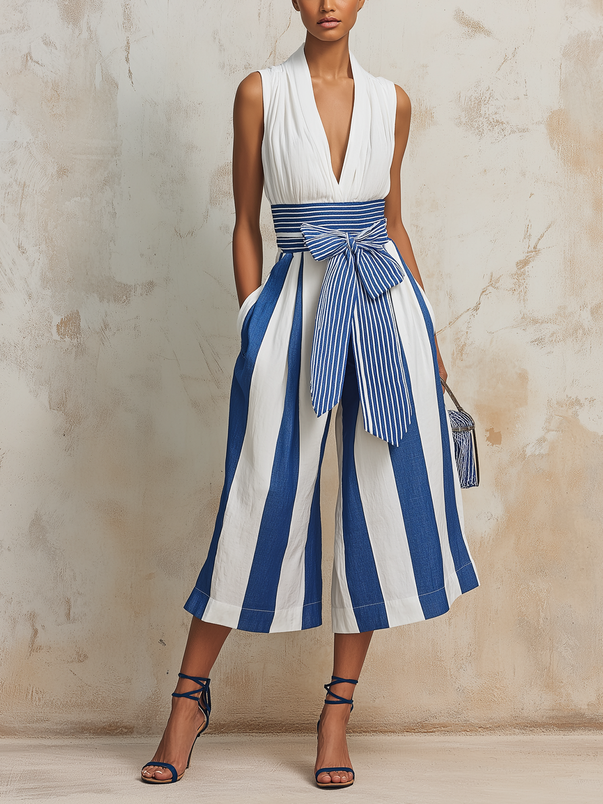 Striped Sleeveless V-Neck Culotte Jumpsuit with Bow Tie Waist