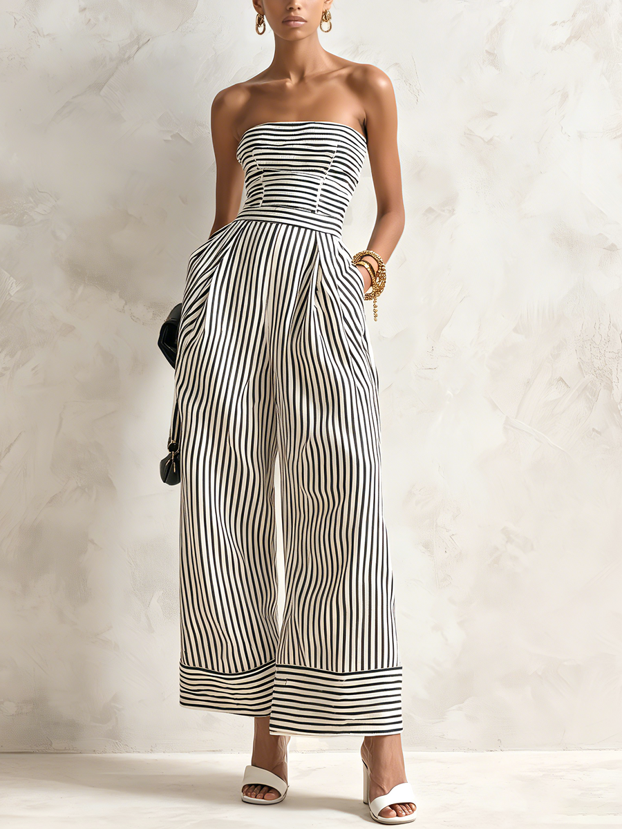 Striped Black and White Strapless Wide-Leg Jumpsuit