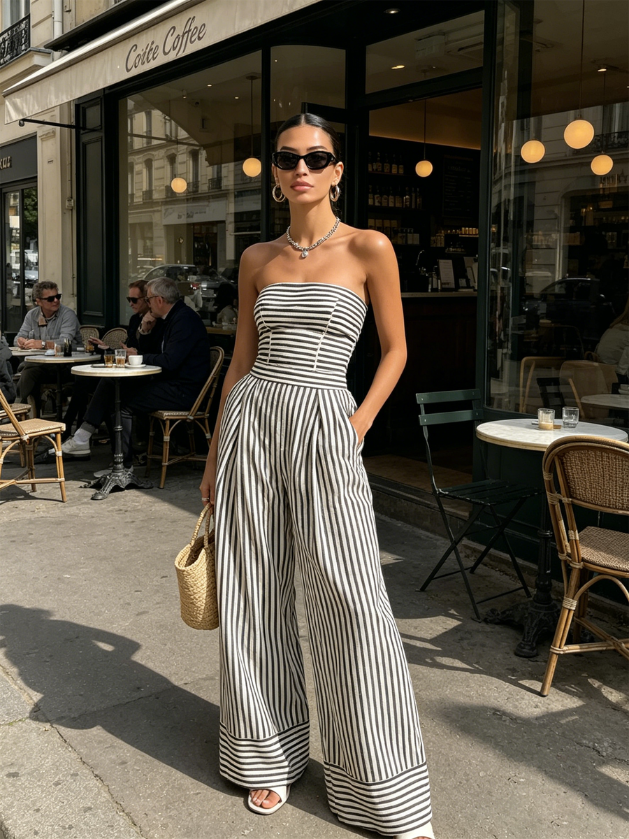 Striped Black and White Strapless Wide-Leg Jumpsuit