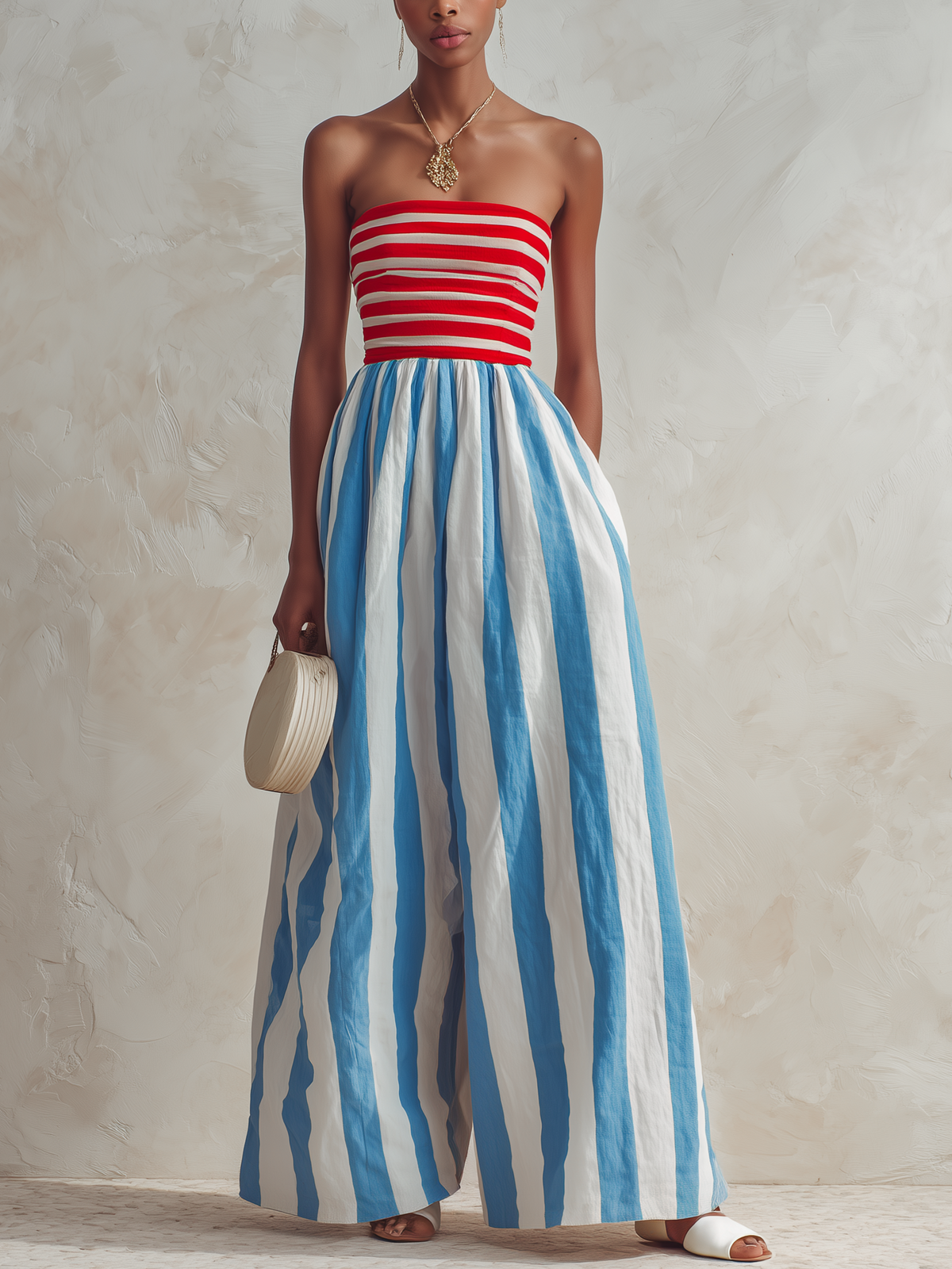 Striped Strapless Top in Red & White Paired with Blue & White Wide-Leg Jumpsuit