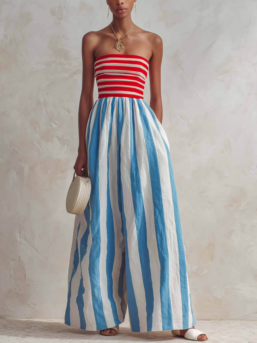 Striped Strapless Top in Red & White Paired with Blue & White Wide-Leg Jumpsuit