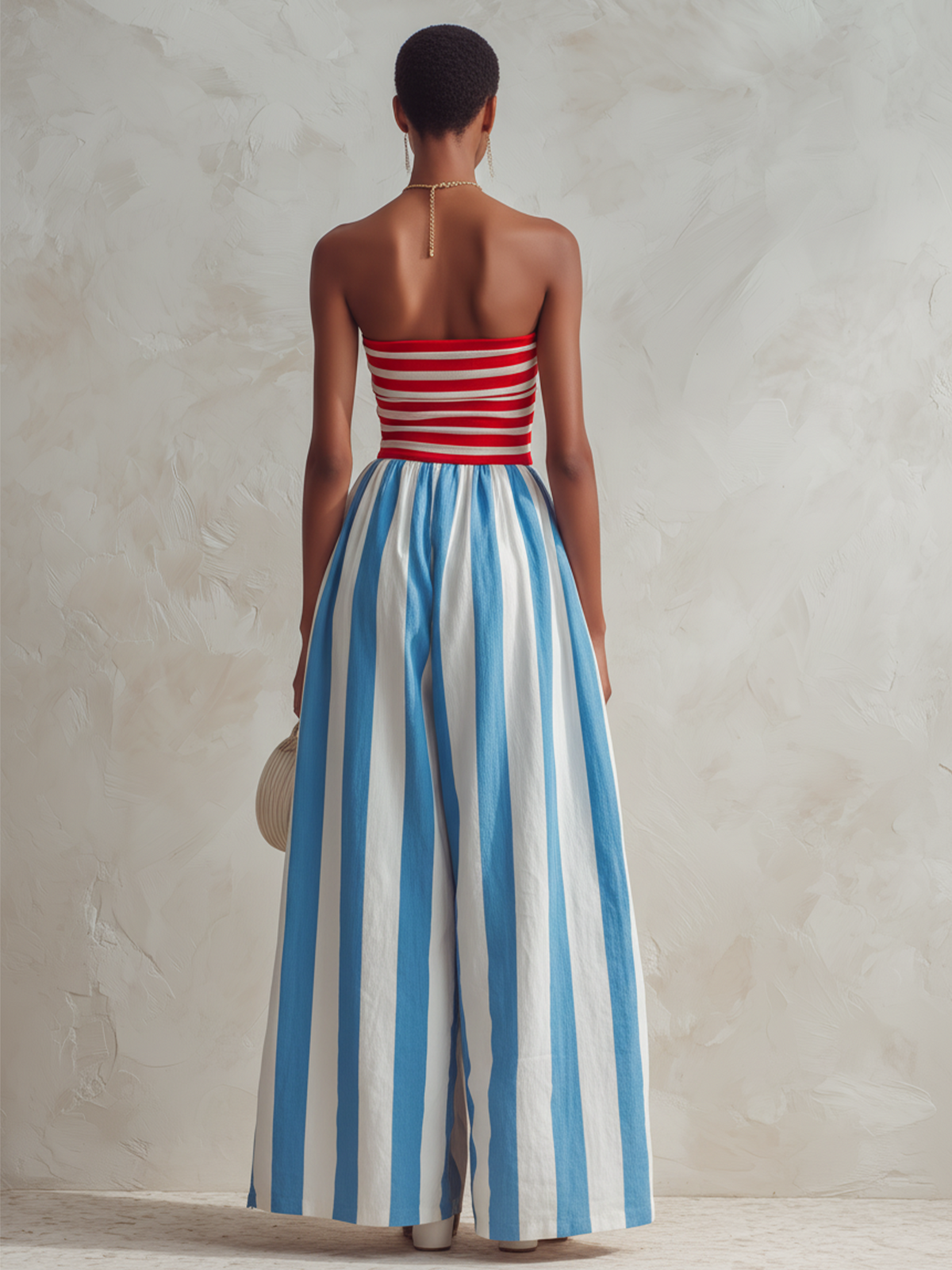 Striped Strapless Top in Red & White Paired with Blue & White Wide-Leg Jumpsuit