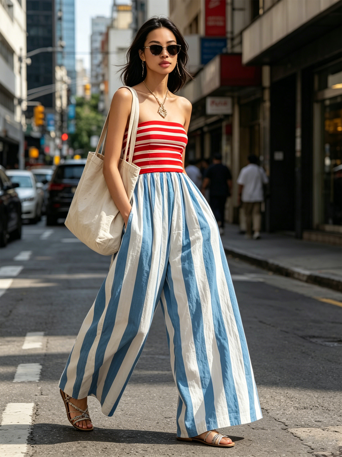 Striped Strapless Top in Red & White Paired with Blue & White Wide-Leg Jumpsuit