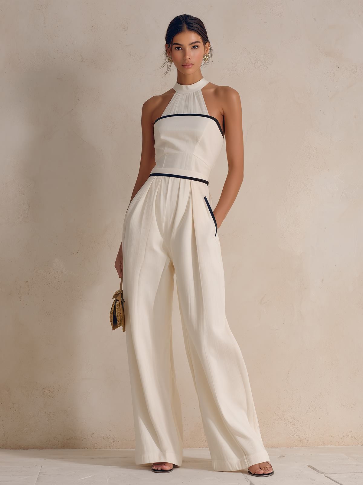 Cream Halter Neck Jumpsuit with Contrast Trim and Wide-Leg Design