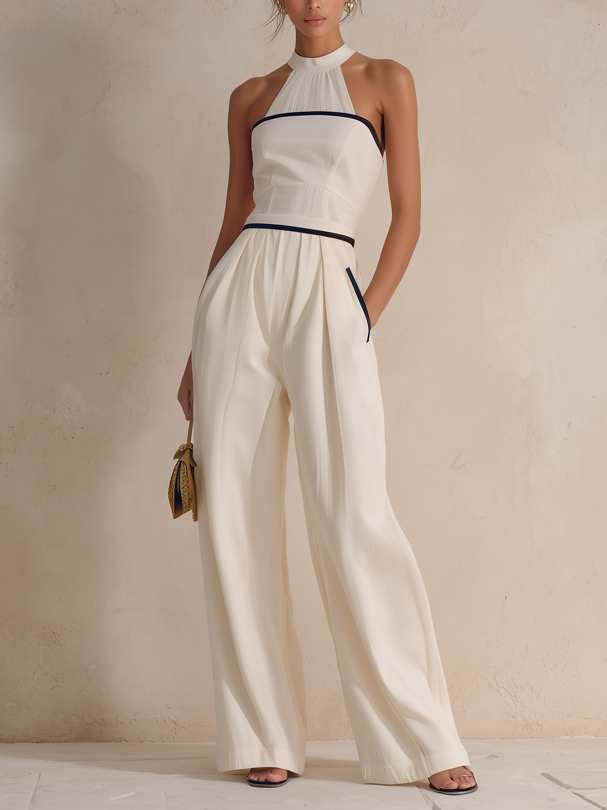 Cream Halter Neck Jumpsuit with Contrast Trim and Wide-Leg Design