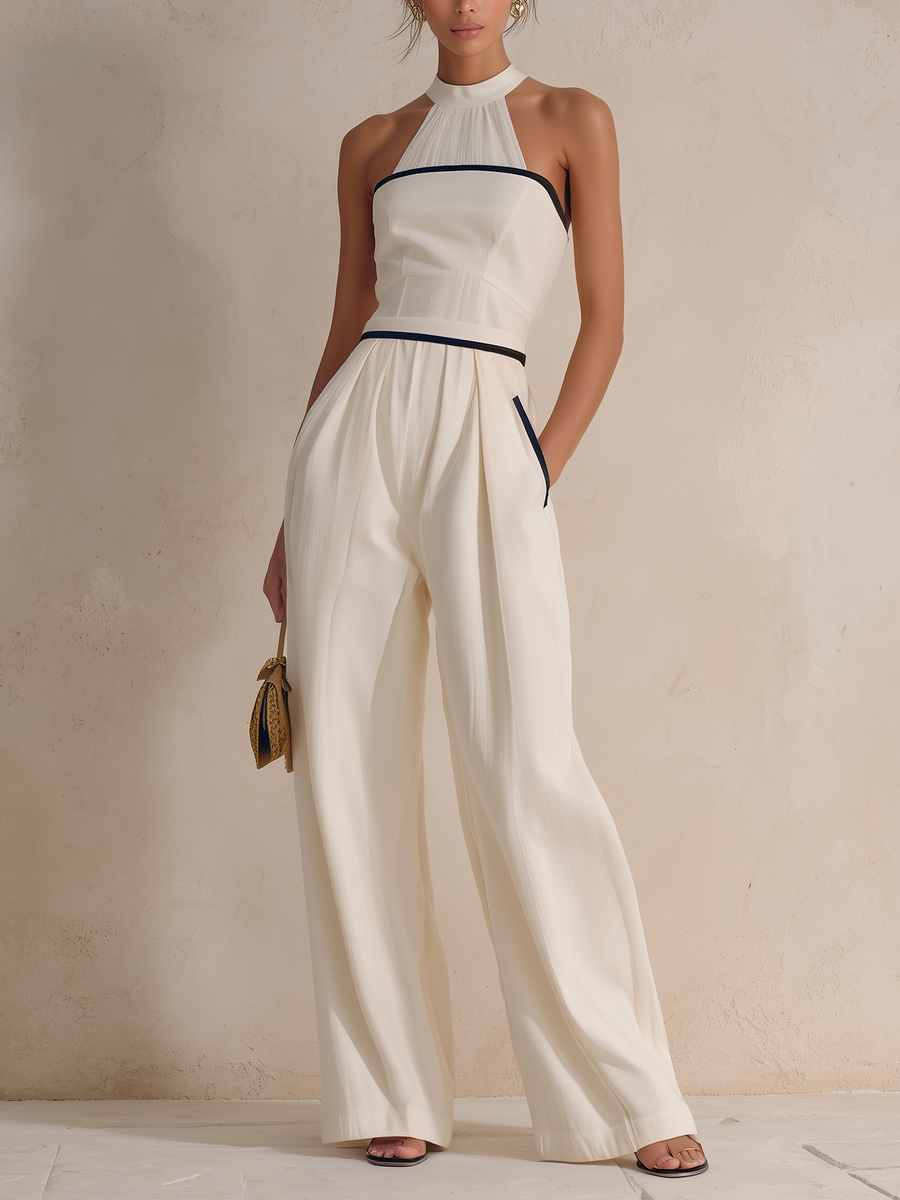 Cream Halter Neck Jumpsuit with Contrast Trim and Wide-Leg Design